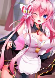  apron blue_eyes blurry blurry_background blush breasts cleavage commentary_request curtains detached_sleeves diascia_(flower_knight_girl) fang flower_knight_girl hair_between_eyes highres large_breasts long_hair looking_at_viewer maid maid_headdress one_eye_closed open_mouth shironeko_haru solo window 
