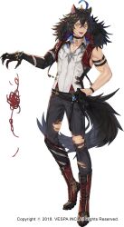  1boy ahoge animal_ears belt big_bad_wolf big_bad_wolf_(cosplay) black_belt black_boots black_choker black_fur black_gloves black_hair black_pants black_skin black_tail blue_gemstone blue_hair blue_streaks boots choker claws colored_skin cosplay ezekiel_(king&#039;s_raid) fangs full_body fur-trimmed_jacket fur_trim gem gloves half_gloves halloween halloween_costume highres hwansang_jungdog jacket king&#039;s_raid lace-up_boots male_focus muscular muscular_male official_alternate_costume official_art open_mouth pants red_boots red_jacket shirt short_hair simple_background single_glove solo tail torn_clothes torn_pants white_background white_shirt wolf_boy wolf_ears wolf_tail yarn yellow_eyes 