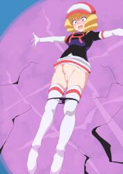  1girl absurdres black_jacket black_panties blonde_hair boots clothes_lift commentary_request domino_(pokemon) elbow_gloves embarrassed gloves hat highres jacket logo looking_down medium_hair nintendo open_mouth outstretched_arms panties panty_pull pink_hat pokemon pokemon_(anime) pokemon_(classic_anime) purple_eyes pussy sarura skirt skirt_lift solo team_rocket team_rocket_uniform textless_version thigh_boots underwear white_boots white_gloves white_skirt 