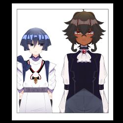  1boy 1girl androgynous armor arms_at_sides ascot black_border black_hair blunt_ends border bow brown_eyes chochocmint_crazy closed_mouth clothing_cutout crossed_bangs dark-skinned_female dark_skin eyeliner eyeshadow feathers formal_clothes freckles gem genshin_impact grey_bow grey_eyes grey_hair grey_sash hair_between_eyes height_difference highres japanese_armor japanese_clothes kariginu kimono kote kurokote layered_kimono layered_sleeves long_sleeves looking_at_viewer looking_to_the_side makeup mandarin_collar mole mole_under_mouth original pelvic_curtain pom_pom_(clothes) purple_kimono purple_sleeves purple_vest red_brooch red_eyeliner red_eyeshadow red_gemstone scaramouche_(genshin_impact) scaramouche_(kabukimono)_(genshin_impact) short_sleeves shoulder_cutout sidelocks sideways_glance straight-on string tasuki vest white_ascot white_sleeves yellow_feathers 