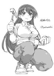  1girl absurdres arato_nagi blush_stickers breasts collared_shirt denim gloves highres hokahoka_yudoufu holding holding_pickaxe holding_rock jeans large_breasts looking_at_viewer monochrome pants pickaxe rock ruri_no_houseki shirt simple_background sketch sleeves_rolled_up smile solo squatting white_background white_gloves white_shirt 