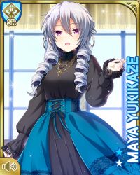  1girl :d black_shirt blue_dress character_name day dress girlfriend_(kari) grey_hair indoors long_hair mansion official_art open_mouth purple_eyes qp:flapper shirt smile tagme windows yukikaze_maya 