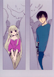  00s 1boy 1girl 2002 blonde_hair chii chobits clamp comic highres long_hair motosuwa_hideki official_art postcard_(medium) silent_comic very_long_hair  rating:General score:5 user:starstellastar
