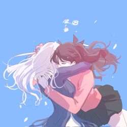  2girls black_hair blue_background breasts commentary dark_sakura dated fate/stay_night fate_(series) hair_ribbon heaven&#039;s_feel highres hug kassia matou_sakura medium_breasts miniskirt multiple_girls pleated_skirt ribbon siblings sisters skirt tohsaka_rin two_side_up white_hair 