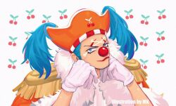 1boy artist_name blue_eyes blue_hair buggy_the_clown cherry clown_nose commentary epaulettes eyelashes facepaint food fruit gloves hat long_hair looking_at_viewer male_focus one_piece orange_hat simple_background solo star_(symbol) star_in_eye symbol-only_commentary symbol_in_eye twintails vamos_mk white_gloves 