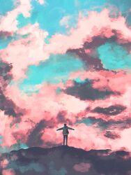  1other black_hair black_leggings blue_jacket blue_sky dkaism from_behind full_body jacket leggings morning mountainous_horizon original outstretched_arms painterly pink_clouds scenery shirt short_hair sky sky_focus standing white_shirt 