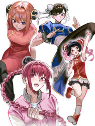  4girls absurdres black_hair blue_eyes blush bracelet braid braided_ponytail breasts brown_hair brown_pants capcom china_dress chinese_clothes chun-li closed_mouth commentary country_connection crossed_legs crossover dress fighting_stance full_body gintama gomang1201 grin hand_in_own_hair highres jacket jewelry kagura_(gintama) leg_up long_hair long_sleeves looking_at_viewer lu_xiaotang ming_ming_(tales_runner) multiple_crossover multiple_girls open_mouth orange_hair pants pink_jacket puffy_short_sleeves puffy_sleeves red_dress red_eyes red_hair sakamoto_days shirt short_hair short_sleeves sidelocks simple_background small_breasts smile spiked_bracelet spikes street_fighter tales_runner teeth tongue trait_connection twin_braids upper_teeth_only white_background white_shirt 