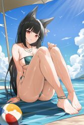 1girl animal_ears barefoot beach bikini black_hair blush breasts collarbone day dysoor flower full_body green_bikini hair_flower hair_ornament highres hoshimi_miyabi jewelry large_breasts long_hair necklace outdoors parasol parted_lips red_eyes side-tie_bikini_bottom sitting smile solo swimsuit thighs toes umbrella zenless_zone_zero 