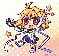 1girl ahoge arcueid_brunestud artist_name bare_shoulders blonde_hair blue_skirt carnival_phantasm chibi chibi_only choker crescent crescent_hair_ornament dress fang fate/grand_order fate_(series) gloves hair_ornament highres isurugiratone looking_at_viewer magical_girl phantas-moon red_eyes short_hair skirt smile solo star_(symbol) take_moon thighhighs tsukihime 