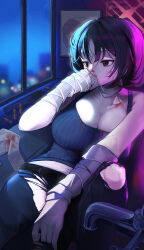  1girl absurdres atsuko_(blue_archive) bandaged_arm bandages black_hair black_pants blue_archive breasts bullet cleavage collarbone commentary covered_mouth drawing_(object) expressionless gun halo handgun highres indoors large_breasts misaki_(blue_archive) navel pants ribbed_tank_top solo sr_(se0run) torn_clothes torn_pants weapon 