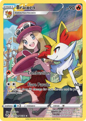  1girl :d artist_name black_shirt black_thighhighs blonde_hair blue_sky blush braixen building card_(medium) character_name closed_mouth cloud company_name copyright_name copyright_notice day english_text eyelashes eyewear_on_headwear fennekin gen_6_pokemon grey_eyes hat holding holding_unworn_clothes holding_unworn_hat lamppost long_hair nintendo official_art open_mouth orange_eyes pink_hat pokemon pokemon_(creature) pokemon_card pokemon_tcg pokemon_xy red_skirt saitou_naoki serena_(pokemon) shirt sitting skirt sky sleeveless sleeveless_shirt smile sunglasses teeth thighhighs third-party_source trading_card unworn_hat unworn_headwear upper_teeth_only white-framed_eyewear 