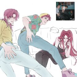  1008_redd 1girl 2boys abby_(kpop_demon_hunters) black_camisole blush camisole commentary_request earrings hand_on_own_ass hat head_rest highres jewelry kpop_demon_hunters looking_back mira_(kpop_demon_hunters) multiple_boys parted_lips pink_hair real_life_insert romance_(kpop_demon_hunters) short_hair sidelocks sitting smile twintails yellow_hat 