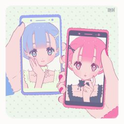 2girls animated animated_gif black_choker black_serafuku blue_eyes blue_hair blue_nails blue_sailor_collar cellphone choker commentary cosplay detached_hair double_bun hair_bun hair_ornament hair_over_one_eye hairband hairpin heart heart_in_eye holding holding_phone looping_animation maid_headdress multiple_girls original phone pink_eyes pink_hair pink_nails ram_(re:zero) ram_(re:zero)_(cosplay) re:zero_kara_hajimeru_isekai_seikatsu rem_(re:zero) rem_(re:zero)_(cosplay) sailor_collar school_uniform serafuku smartphone star_(symbol) star_in_eye symbol_in_eye turtleneck vivinos watermark white_hairband x_hair_ornament 