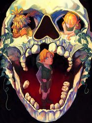  1girl 2boys absurdres belt black_background blonde_hair blue_eyes blunt_bangs boots earrings fado_(ocarina_of_time) flute gloves hairband hat highres instrument ivy jewelry link looking_at_another looking_up multiple_boys nasagina nintendo open_mouth pointy_ears scabbard sheath shield shield_on_back skull skull_kid smile the_legend_of_zelda the_legend_of_zelda:_ocarina_of_time tunic twintails 