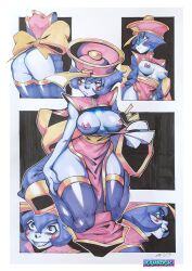  1girl ass blue_skin blush breasts breasts_out colored_skin hat jiangshi large_breasts hsien-ko marker_(medium) nipples no_panties ofuda solo thighhighs traditional_media darkstalkers xamrock 