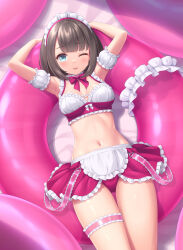 1girl apron armpits arms_behind_back arms_up bare_shoulders blue_eyes bow bowtie breasts brown_hair choker commentary_request crop_top detached_sleeves frilled_shirt frilled_skirt frills highres looking_at_viewer lying maid maid_apron maid_headdress medium_breasts microskirt midriff miniskirt navel on_back one_eye_closed original panties pink_choker pink_panties pink_skirt sasaame shirt short_hair short_sleeves showgirl_skirt skirt sleeveless sleeveless_shirt solo stomach suspenders thigh_strap thighs tongue tongue_out underwear waist_apron rating:Sensitive score:17 user:danbooru