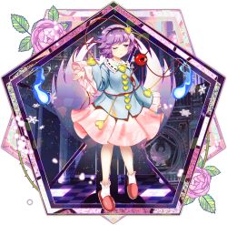  1girl black_hairband blue_shirt blush buttons closed_mouth eyeball floral_print flower frilled_shirt_collar frilled_sleeves frills full_body game_cg hair_ornament hairband heart heart_button heart_hair_ornament highres hitodama komeiji_satori komeiji_satori_(subterranean) leaf long_sleeves messy_hair official_art one_eye_closed pentagon_(shape) pink_flower pink_rose pink_skirt pink_slippers print_skirt purple_eyes purple_hair ribbon-trimmed_collar ribbon_trim rose rose_print rotte_(1109) shirt short_hair skirt slippers snowflakes socks solo subterranean_animism third-party_source third_eye thorns touhou touhou_lostword transparent_background white_socks wide_sleeves 