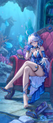  1girl absurdres alternate_costume aquarium asymmetrical_gloves blue_eyes blue_gloves book book_stack breasts chair cowlick crossed_legs furina_(genshin_impact) genshin_impact gloves head_rest highres indoors long_hair looking_at_viewer medium_breasts mismatched_gloves on_chair reaching reaching_towards_viewer single_bare_foot single_off_shoulder single_sleeve sitting solo unworn_shoe white_gloves white_hair yelan_xing_xuan 