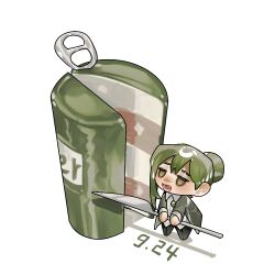  1boy :d beer_can black_pants cake can can_cake can_pull_tab chibi coat collared_shirt dated dress_shirt drink_can food green_coat green_hair hair_bun holding holding_knife knife library_of_ruina male_focus mini_person miniboy netzach_(project_moon) open_mouth oversized_food oversized_object pants project_moon shirt single_hair_bun smile solo toeiki_c untucked_shirt white_shirt 