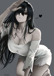  1girl absurdres all_fours bare_shoulders black_hair breasts closed_mouth dress hand_over_face heart highres kalennoir large_breasts long_hair open_mouth pale_skin red_eyes simple_background solo spoken_heart teeth the_ring thighs white_dress wide_hips yamamura_sadako  rating:Sensitive score:19 user:betweendays