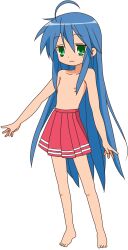  1girl :3 artist_request barefoot blue_hair feet female_focus flat_chest green_eyes highres izumi_konata loli lucky_star nipples nude_filter shirtless skirt solo third-party_edit toes topless_female  rating:Questionable score:41 user:Divoom