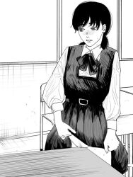  1girl chainsaw_man classroom clothes_lift commentary_request crotch_rub desk dress dress_lift female_masturbation fourth_east_high_school_uniform fujimoto_tatsuki_(style) greyscale indoors lifting_own_clothes long_sleeves masturbation mitaka_asa monochrome nanami_toga panties pinafore_dress school_uniform shirt sleeveless sleeveless_dress solo sweat table_humping underwear white_shirt window 