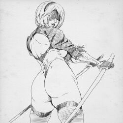  1girl 2b_(nier:automata) ass black_hairband blindfold breasts closed_mouth from_behind from_below grabbing_own_breast hair_over_one_eye hairband high_heels huge_ass large_breasts leotard misaki_yukihiro nier:automata nier_(series) short_hair solo sword tagme thick_thighs thighhighs thighs weapon white_hair  rating:Sensitive score:18 user:JoshkLmi