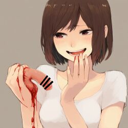  1girl bar_censor bblls bdsm blood blush brown_eyes brown_hair castration censored femdom guro happy holding_severed_penis laughing open_mouth original penis sadism severed_penis shirt short_hair smile standing t-shirt teeth 