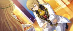  1boy 1girl ascot beckoning blonde_hair blue_eyes braid brown_hair closed_mouth dress formal_clothes game_cg hair_between_eyes highres indoors iris_(konosuba) jacket kono_subarashii_sekai_ni_shukufuku_wo! konosuba!_fantastic_days long_hair long_sleeves looking_at_another mitsurugi_kyouya official_alternate_costume official_art on_one_knee pants short_hair side_braid sidelocks skirt_hold smile sparkle suit suit_jacket white_dress white_pants white_suit wispy_bangs yellow_ascot 