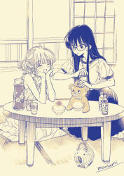  2girls :d :o artist_name bare_arms blush bottle censer closed_eyes commentary_request cup dress glasses hands_on_own_cheeks hands_on_own_face hands_up happy himawari-san himawari-san_(character) incense incense_burner indoors kayari_buta kazamatsuri_matsuri long_dress long_hair long_skirt looking_at_another monochrome multiple_girls on_floor open_mouth parted_lips ponytail puffy_short_sleeves puffy_sleeves shirt short_ponytail short_sleeves signature sitting skirt sleeveless sleeveless_dress sliding_doors smile smoke sugano_manami table tatami 