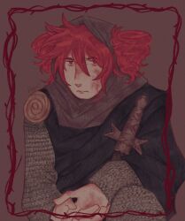  armor blood chainmail crossover dried_blood drill_hair hbrtus holding holding_sword holding_weapon hood kasane_teto kasane_teto_(utau) knight looking_at_viewer medieval pale_skin red_hair simple_background sword the_seventh_seal thorns twin_drills utau vocaloid weapon 