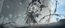  1girl absurdres armor armored_dress artoria_pendragon_(fate) black_thighhighs blonde_hair blue_sky caliburn_(fate) cape chalice cloud commentary_request cup dress fate_(series) from_below garter_straps gauntlets hair_bun halo highres planted planted_sword planted_weapon saber_(fate) saber_alter single_hair_bun sky solo standing sword thighhighs void_0 weapon yellow_eyes 