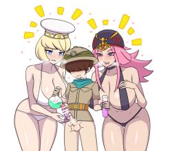 1boy 2girls age_difference bandana bar_censor belt bikini black_bikini blonde_hair blue_eyes blush bottomless breasts brown_hair censored character_request fantasy_life hat heart karei_(otachi18) large_breasts licking_lips liquid multiple_girls onee-shota pink_hair pussy_juice shota sweat swimsuit tagme test_tube tongue tongue_out white_bikini 