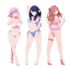  3girls ass barefoot bikini black_hair blue_bikini blue_eyes breasts brown_hair cleavage double_v feet frilled_bikini frills full_body green_eyes gridman_universe highres large_breasts long_hair looking_at_viewer looking_back medium_breasts minami_yume multiple_girls navel official_art one_eye_closed pink_bikini pink_hair red_eyes shinjou_akane short_hair side-tie_bikini_bottom smile ssss.dynazenon ssss.gridman stomach swimsuit takarada_rikka teeth thick_thighs thigh_strap thighs thong_bikini toes v whale_tail_(clothing) white_bikini wide_hips 
