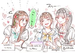  3girls ^^^ animification aqua_neckerchief black_hair blunt_bangs brown_eyes brown_hair closed_mouth clothes_grab colored_speech_bubble commentary_request dress flower flower_symbol frown hair_flower hair_ornament hanamiya_nina hasu_no_sora_school_uniform highres kan_kanna kurusu_rin link!_like!_love_live! long_hair looking_at_another love_live! meiji_(mosamoo3) mole mole_under_eye multi-tied_hair multiple_girls nameplate neckerchief open_mouth ponytail puffy_short_sleeves puffy_sleeves real_life red_flower red_neckerchief sailor_collar sailor_dress school_uniform short_sleeves sidelocks simple_background sleeve_grab speech_bubble straight_hair summer_uniform tassel tassel_hair_ornament translation_request twintails twitter_username v-shaped_eyebrows v-shaped_eyes voice_actor white_background white_dress white_sailor_collar yellow_neckerchief 