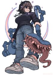  1girl :o bead_bracelet beads black_eyes black_sweater blinky_(hunter_x_hunter) bracelet breasts brown_hair denim from_below full_body glasses highres holding holding_weapon hunter_x_hunter jeans jewelry large_breasts long_tongue looking_to_the_side masaartjv medium_hair monster nike_air_force_1 open_mouth pants rectangular_eyewear shizuku_murasaki shoes simple_background sneakers solo star_(symbol) sweater tongue turtleneck turtleneck_sweater vacuum_cleaner weapon white_background white_shoes white_sneakers  rating:General score:8 user:danbooru