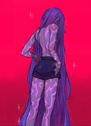  1girl absurdres alternate_hairstyle back bare_legs black_shorts body_markings breasts from_behind glowing_markings hair_down highres kirtome kpop_demon_hunters long_hair purple_hair red_background rumi_(kpop_demon_hunters) short_shorts shorts sideboob solo thighs topless_female very_long_hair 