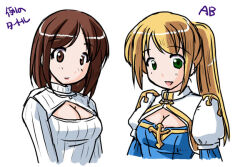 2girls arch_bishop_(ragnarok_online) blonde_hair blue_dress breasts brown_eyes brown_hair character_name cleavage cleavage_cutout closed_mouth clothing_cutout commentary_request cross dress green_eyes high_ponytail juliet_sleeves long_hair long_sleeves looking_at_viewer medium_breasts meme_attire multiple_girls open-chest_sweater open_mouth original outfit_connection ponytail puffy_sleeves ragnarok_online ribbed_sweater short_hair simple_background smile sweater tatsumi_ray translation_request two-tone_dress upper_body white_background white_dress