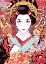  1girl animal artist_name black_hair boar bug butterfly butterfly_hair_ornament closed_mouth commentary_request deer eyelashes eyeshadow floral_background floral_print floral_print_kimono flower hair_ornament hair_ornament_request insect japanese_clothes kimono limited_palette looking_at_viewer makeup original pale_skin pink_eyes print_kimono red_flower red_kimono red_lips solo spot_color takanashi_shin upper_body 