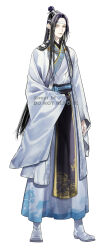  1boy absurdres alternate_costume black_hair boots chinese_clothes closed_mouth earrings full_body hair_bun hanfu headband highres jewelry lan_wangji long_hair long_sleeves looking_at_viewer male_focus modao_zushi robe sash sidelocks simple_background single_hair_bun sleeves_past_fingers sleeves_past_wrists solo standing tassel tassel_earrings topknot twitter_username very_long_hair watermark white_background white_boots white_hanfu white_headband wide_sleeves yellow_eyes ykmr_(haga) 