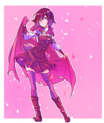  1girl absurdres belt black_boots black_dress black_hair black_thighhighs boots cape cloak corset cross dress female_focus frilled_dress frills gradient_hair grey_eyes highres hood hooded_cloak iesupa knee_boots limited_palette long_sleeves monochrome multicolored_hair multiple_belts red_cape red_hair ruby_rose rwby short_hair solo thighhighs two-tone_hair  rating:Sensitive score:4 user:danbooru