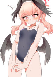  1girl absurdres bare_arms beret black_hat black_one-piece_swimsuit black_wings blue_archive blush breasts closed_mouth covered_navel cowboy_shot embarrassed ereere feathered_wings halo hat head_wings highres koharu_(blue_archive) low_wings one-piece_swimsuit pink_eyes pink_hair pink_halo red_halo school_swimsuit simple_background small_breasts solo standing sweat sweatdrop swimsuit twintails v_arms wavy_mouth white_background winged_halo wings 