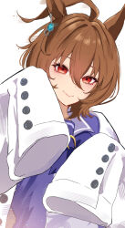  1girl absurdres agnes_tachyon_(umamusume) ahoge animal_ears bow bowtie brown_hair chemical_structure closed_mouth coat ear_ornament earrings hair_between_eyes hands_up higeji_(higeji404) highres horse_ears horse_girl huge_ahoge jewelry lab_coat long_sleeves open_clothes open_coat purple_bow purple_bowtie purple_sailor_collar purple_shirt red_eyes sailor_collar shirt short_hair simple_background single_earring sleeves_past_fingers sleeves_past_wrists smile solo umamusume white_background white_coat 