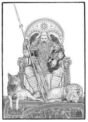  1boy armor artist_name beard bird boots chainmail christian_sloan_hall crow facial_hair freki_(mythology) fur_trim geri_(mythology) graphite_(medium) highres holding holding_polearm holding_unworn_helmet holding_weapon huginn_(mythology) long_beard male_focus monochrome muninn_(mythology) mural norse_mythology odin_(mythology) one-eyed polearm roman_numeral scabbard sheath sitting_on_throne solo sword traditional_media valknut_(symbol) very_long_beard weapon wolf 