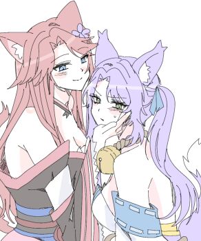  2girls animal_ears artist_request bell blue_eyes blush commission commissioner_upload fox_ears fox_girl fox_miko_(sakura_dungeon) fox_tail green_eyes hand_on_another&#039;s_cheek hand_on_another&#039;s_face highres japanese_clothes kimono multiple_girls neck_bell non-web_source nontraditional_miko pink_hair purple_hair sakura_dungeon smile tail twintails yomi_(sakura_dungeon) yuri 