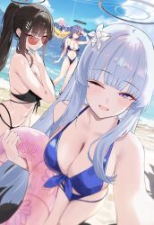  4girls ;d alternate_costume arm_up bare_arms bare_shoulders beach bikini black_bikini black_hair blue_archive blue_bikini blue_eyes blue_hair blush breasts bright_pupils cleavage closed_mouth day hair_ornament hairclip halo highres hoshino_(blue_archive) innertube large_breasts long_hair looking_at_viewer multiple_girls navel noa_(blue_archive) one_eye_closed open_mouth outdoors pink_hair pink_halo pink_innertube ponytail red-tinted_eyewear red_eyes rio_(blue_archive) shigure_s sidelocks smile stomach sunglasses swim_ring swimsuit tinted_eyewear water white_pupils yuuka_(blue_archive) 