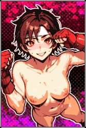  1girl 2024 blush border breasts brown_eyes brown_hair collarbone completely_nude feet_out_of_frame fingerless_gloves from_above gloves kairv kasugano_sakura lips looking_at_viewer medium_breasts navel nipples nude outline parted_lips pixel_art polka_dot polka_dot_background red_gloves short_hair smile solo standing street_fighter sweat toned toned_female white_border white_outline  rating:Questionable score:16 user:skliskler