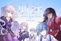  2girls 3boys absurdres cowenna dark-skinned_female dark_skin eochaid_(mabinogi) happy_new_year highres korean_clothes loiscneach_(mabinogi) long_hair looking_at_viewer mabinogi multiple_boys multiple_girls new_year pmnnpi rowan_(mabinogi) smile 