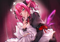  1girl anawin asymmetrical_wings black_dress blue_eyes breasts cleavage dress finger_to_mouth halo highres hololive hololive_english irys_(hololive) irys_(maid)_(hololive) large_breasts multicolored_hair pointy_ears purple_eyes purple_hair purple_wings red_hair solo star_halo streaked_hair twintails two-tone_hair upper_body virtual_youtuber white_wings wings 