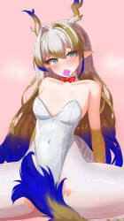  1girl absurdres alternate_costume arknights bare_shoulders blonde_hair blue_hair blush breasts cleavage closed_mouth collarbone commentary condom condom_in_mouth condom_wrapper covered_navel cowboy_shot dragon_girl dragon_horns dragon_tail eyeliner green_eyes grey_hair hair_between_eyes hair_intakes highleg highleg_leotard highres horns leotard long_hair makeup medium_breasts mouth_hold multicolored_hair orange_eyeliner pantyhose pink_background pointy_ears shu_(arknights) simple_background sitting solo spread_legs strapless strapless_leotard sweatdrop tail tail_censor torn_clothes torn_pantyhose white_leotard white_pantyhose yeong100 